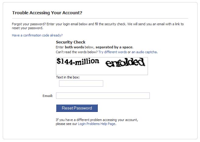 Facebook's password reset form