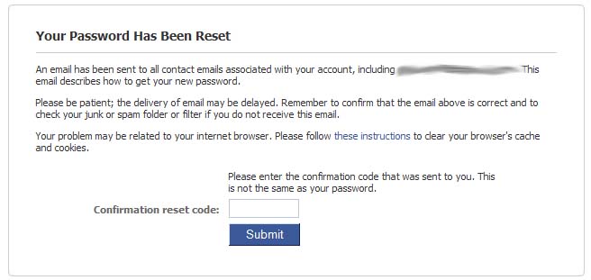 The Facebook password reset confirmation page