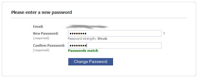 The password reset page