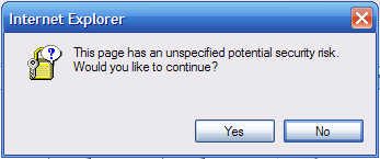 This page has an unspecified potential security risk. Would you like to continue? Yes / No