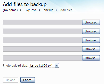 The Sky Drive upload form with its 5 upload dialogs