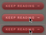 "Keep reading" button with base style (top), hover style (middle) and active style (bottom) using CSS3