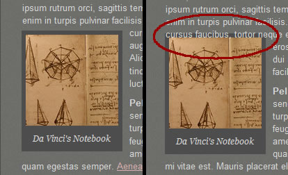 A floated image with text shown in Firefox (left) and Webkit (right). Text on top of the image is circled on the right.