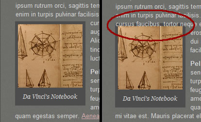 A floated image with text shown in Firefox (left) and Webkit (right). Text on top of the image is circled on the right.