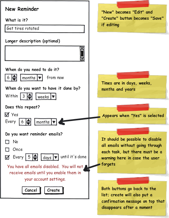 The form for creating a reminder. Users can say what it is, when they need to do it relative to now, how long they should take to do it, whether/how often it repeats, and if they want email alerts.