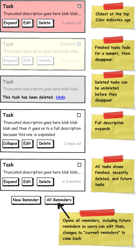 Task list. Basically the same for current and all tasks. Tasks with the earliest "due date" appear at the top, color (& text) indicates age.